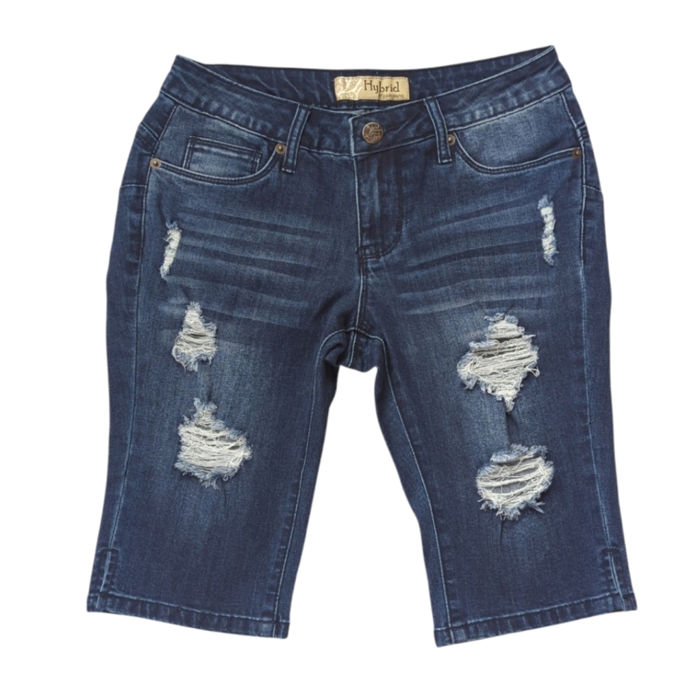 Hybrid & Co. Butt Lift Stretch Distressed Ripped Bermuda Jean City Shorts 3 Blue